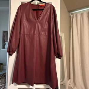 Max & Co. Wine-Red Vegan Leather Long-Sleeve V-Neck Dress